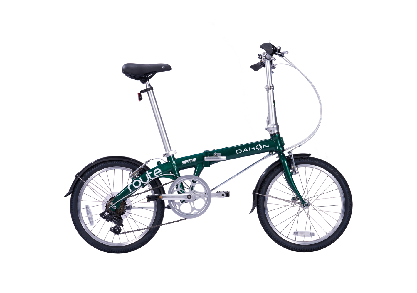 Green DAHON Route folding bicycle, aluminum frame, sporty design.