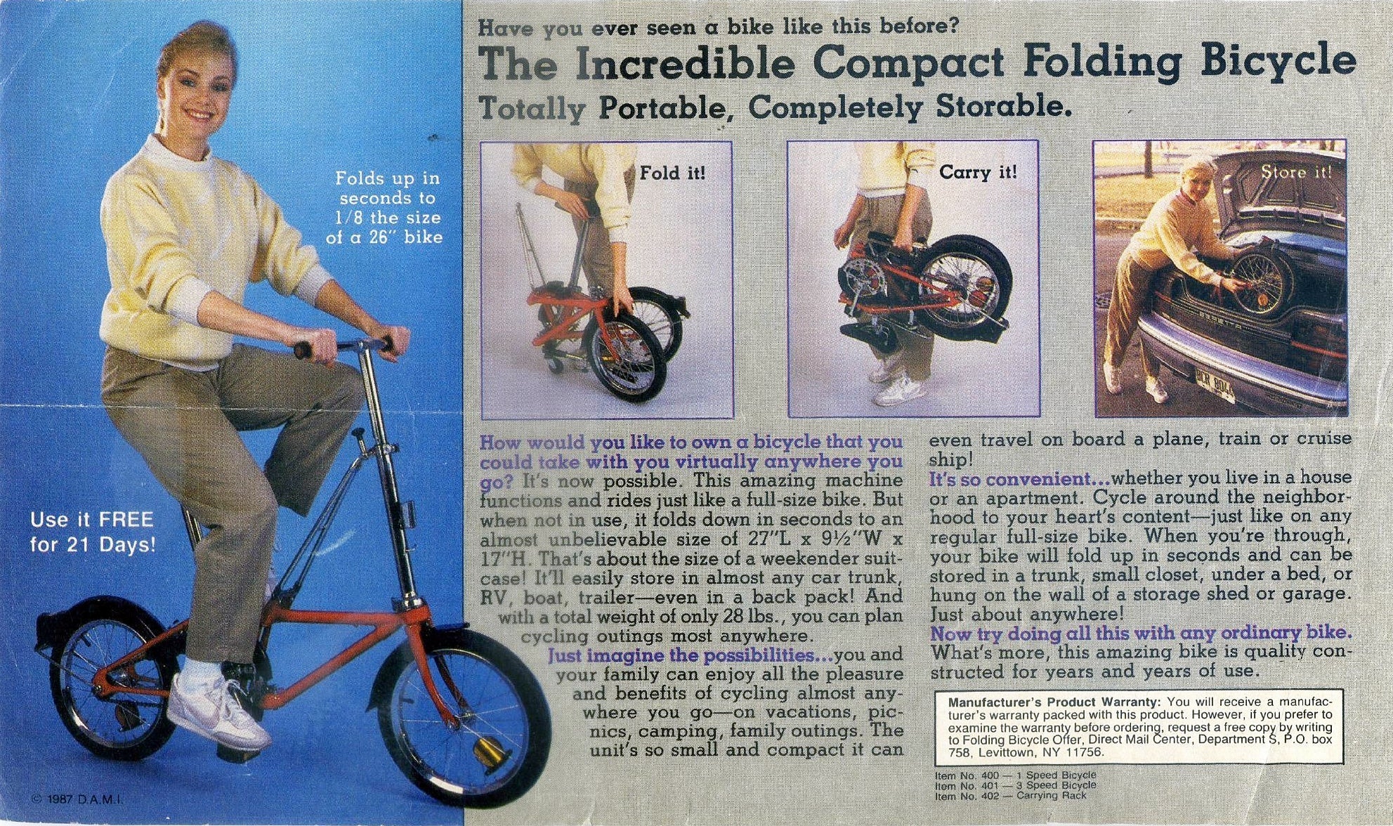 Vintage DAHON folding bicycle advertisement showing early patented compact design for green mobility