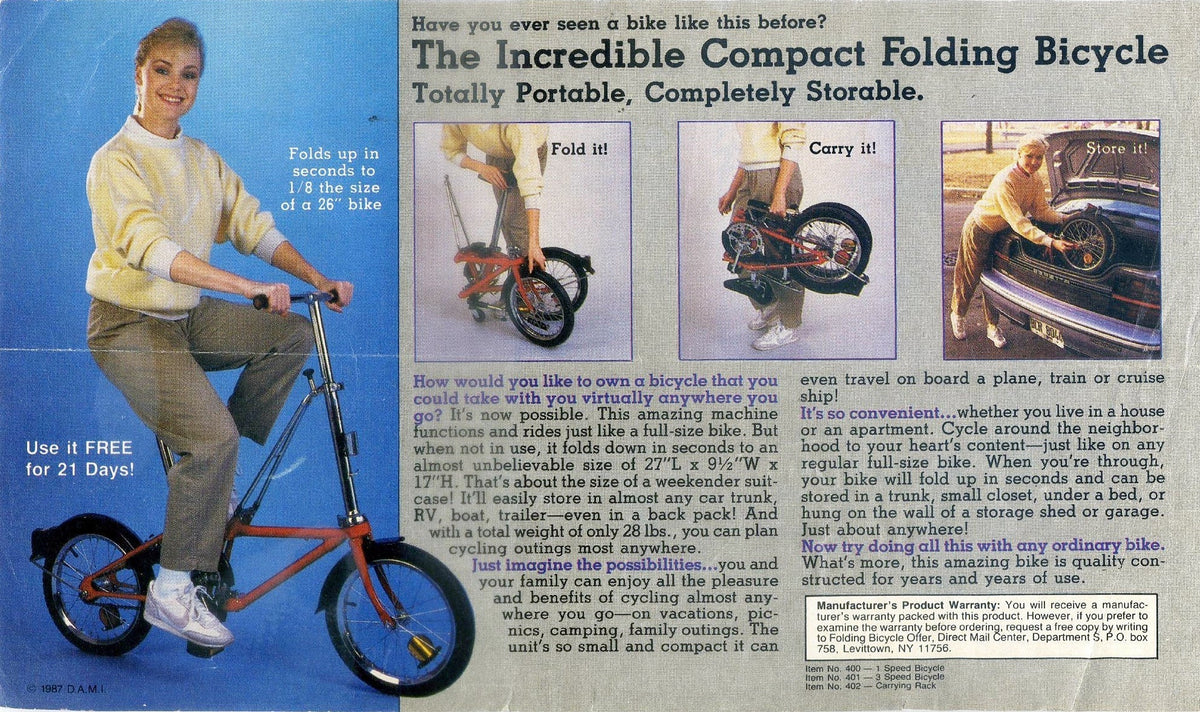 Vintage DAHON folding bicycle advertisement showing early patented compact design for green mobility