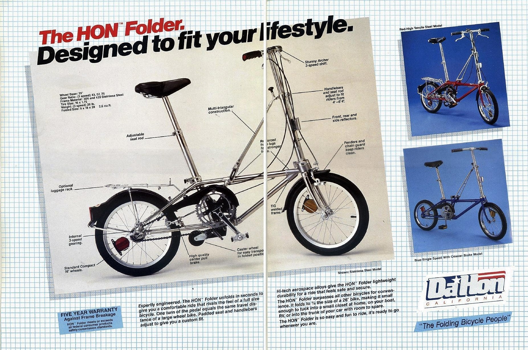 Vintage DaHon California folding bicycle advertisement brochure titled The HON Folder