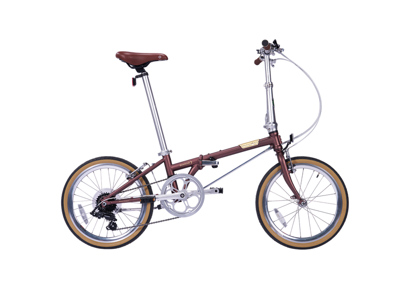 Boardwalk D7 20 inch folding bike in rust brown with retro style.