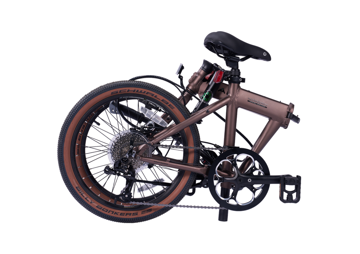 Metallic bronze Hemingway GR folding bike, rear wheel detail, Schwalbe Big Bonkers tires.