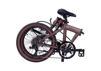 Metallic bronze Hemingway GR folding bike, rear wheel detail, Schwalbe Big Bonkers tires.