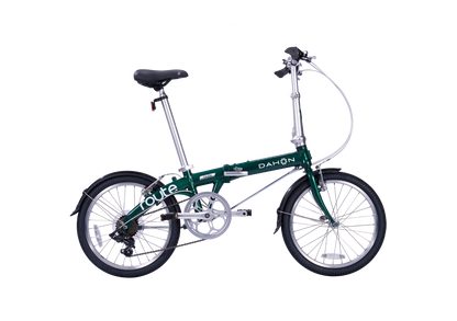 Green DAHON Route folding bicycle, aluminum frame, sporty design.